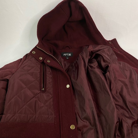 Apt. 9 Quilted Hooded Wool Jacket Women's Burgundy Wine Snap Button, Pockets - L - Picture 4 of 8